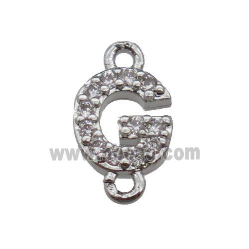 copper letter-G connector pave zircon, platinum plated