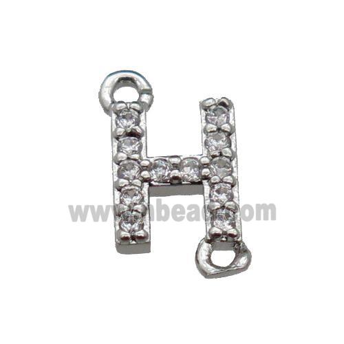 copper letter-H connector pave zircon, platinum plated