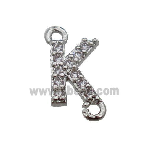 copper letter-K connector pave zircon, platinum plated