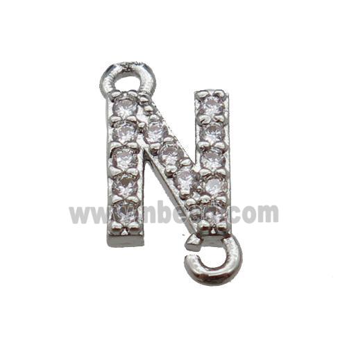 copper letter-N connector pave zircon, platinum plated
