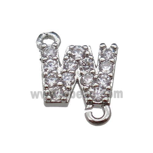 copper letter-W connector pave zircon, platinum plated