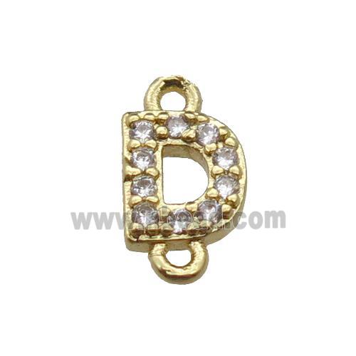 copper letter-D connector pave zircon, gold plated