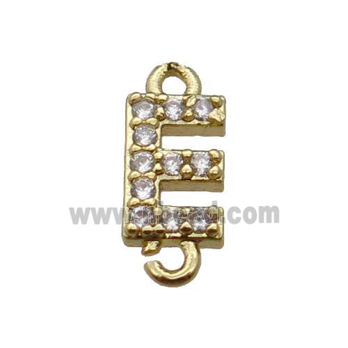 copper letter-E connector pave zircon, gold plated