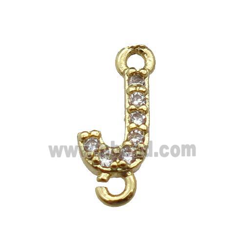 copper letter-J connector pave zircon, gold plated