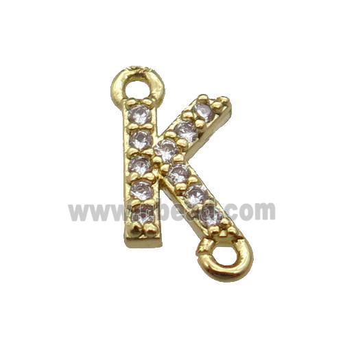 copper letter-K connector pave zircon, gold plated
