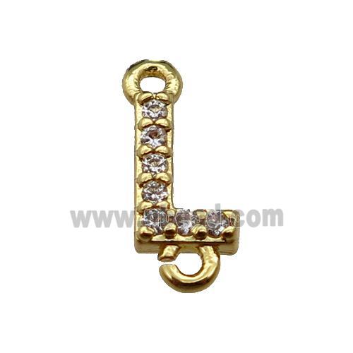 copper letter-L connector pave zircon, gold plated