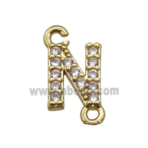 copper letter-N connector pave zircon, gold plated