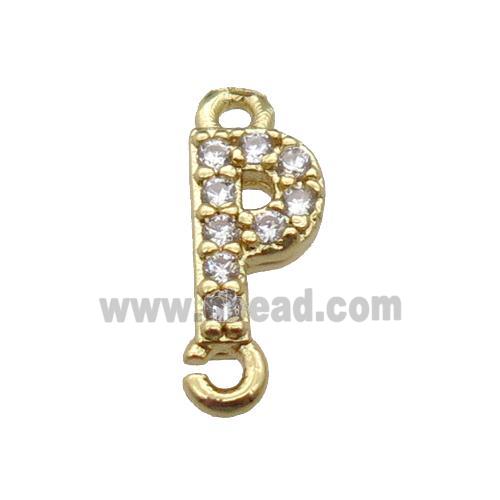 copper letter-P connector pave zircon, gold plated