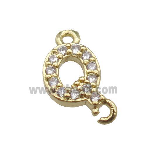 copper letter-Q connector pave zircon, gold plated