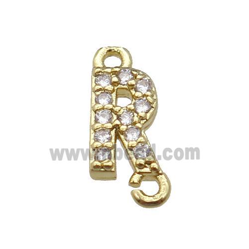 copper letter-R connector pave zircon, gold plated