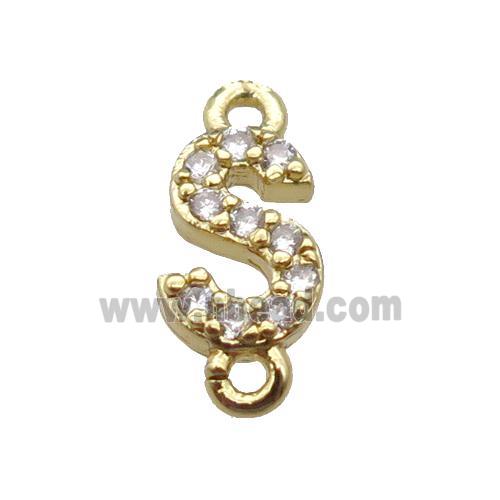 copper letter-S connector pave zircon, gold plated