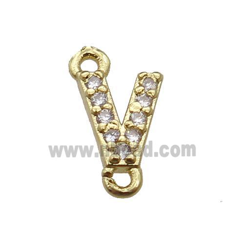 copper letter-V connector pave zircon, gold plated
