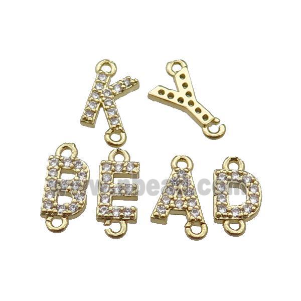 mix copper alphabet letter connector pave zircon, gold plated