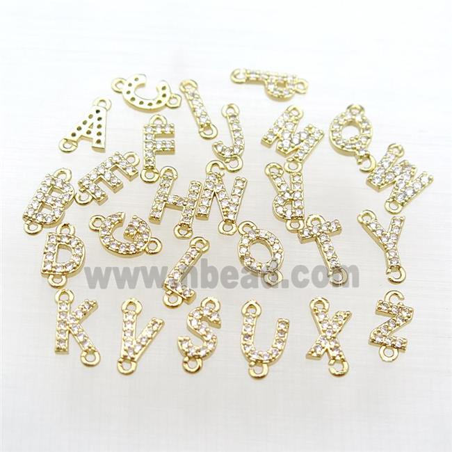 mix copper alphabet letter connector pave zircon, gold plated