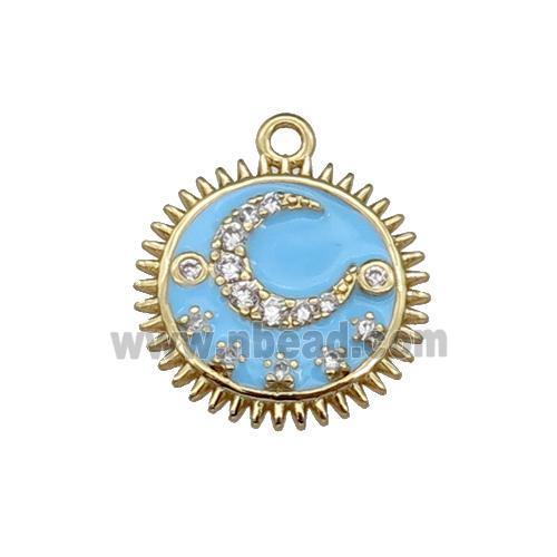 copper Sun moon pendant pave zircon, blue enamel, gold plated