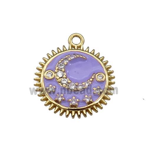 copper Sun moon pendant pave zircon, lavender enamel, gold plated