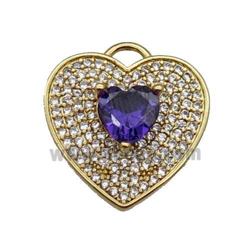copper Heart pendant pave zircon, purple, gold plated