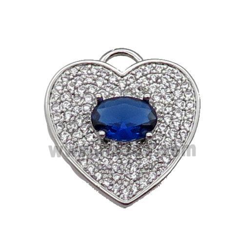copper Heart pendant pave zircon, blue, platinum plated