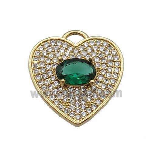 copper Heart pendant pave zircon, green, gold plated