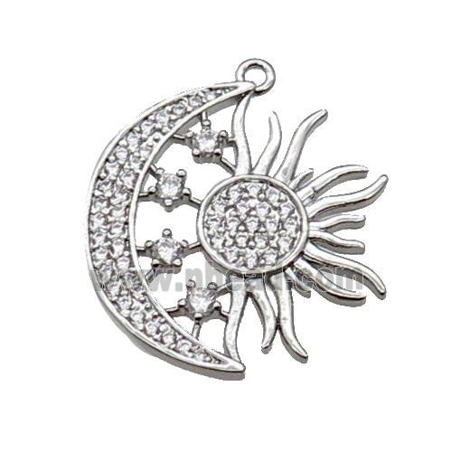 copper Sun moon pendant pave zircon, platinum plated
