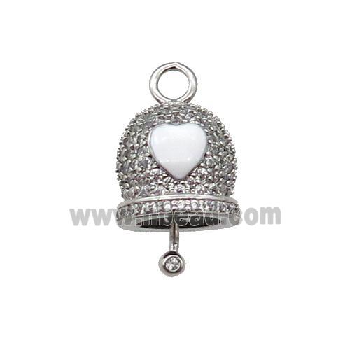copper Bell pendant pave zircon, white enamel, platinum plated