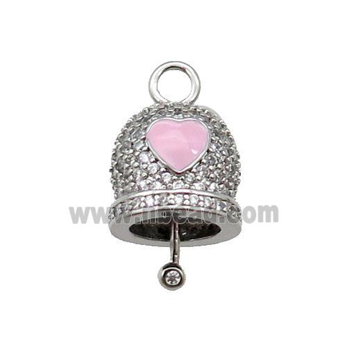 copper Bell pendant pave zircon, pink enamel, platinum plated