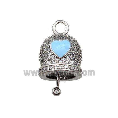 copper Bell pendant pave zircon, blue enamel, platinum plated