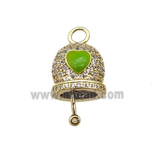 copper Bell pendant pave zircon, green enamel, gold plated
