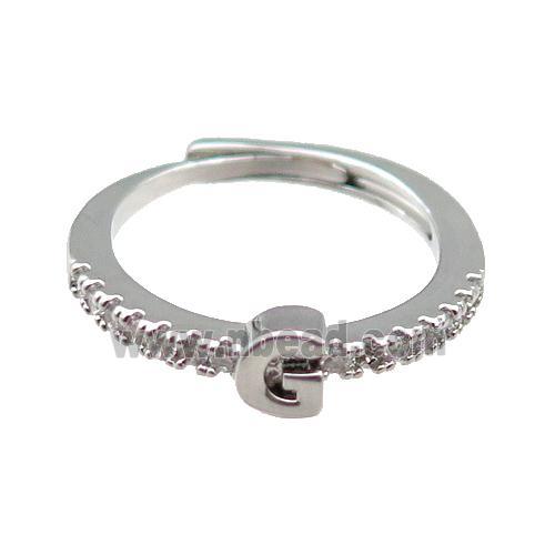 copper Ring pave zircon, letter-G, adjustable, platinum plated