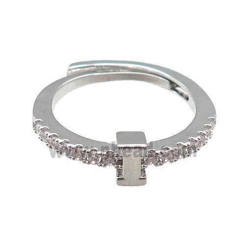 copper Ring pave zircon, letter-I, adjustable, platinum plated