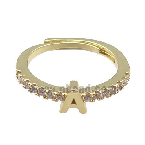 copper Ring pave zircon, letter-A, adjustable, gold plated
