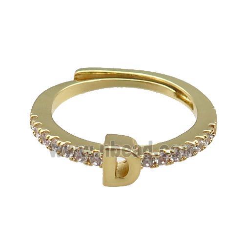 copper Ring pave zircon, letter-D, adjustable, gold plated
