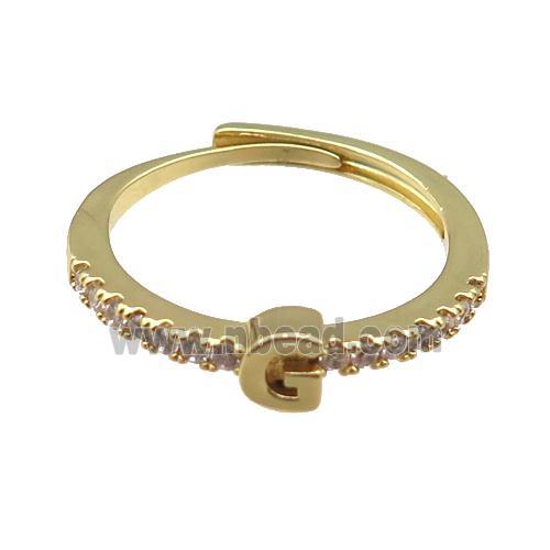 copper Ring pave zircon, letter-G, adjustable, gold plated