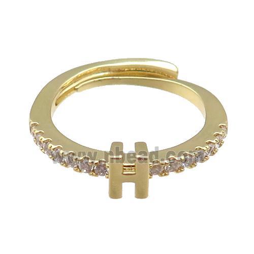 copper Ring pave zircon, letter-H, adjustable, gold plated