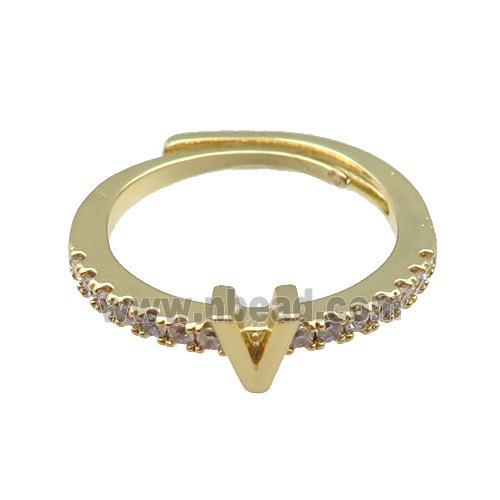 copper Ring pave zircon, letter-V, adjustable, gold plated