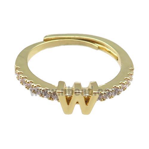 copper Ring pave zircon, letter-W, adjustable, gold plated