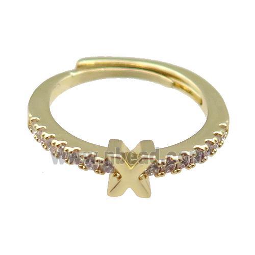 copper Ring pave zircon, letter-X, adjustable, gold plated