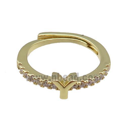 copper Ring pave zircon, letter-Y, adjustable, gold plated