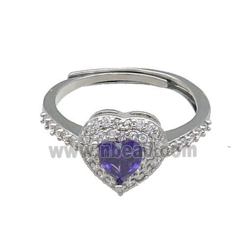 copper Heart Ring pave zircon purple adjustable platinum plated