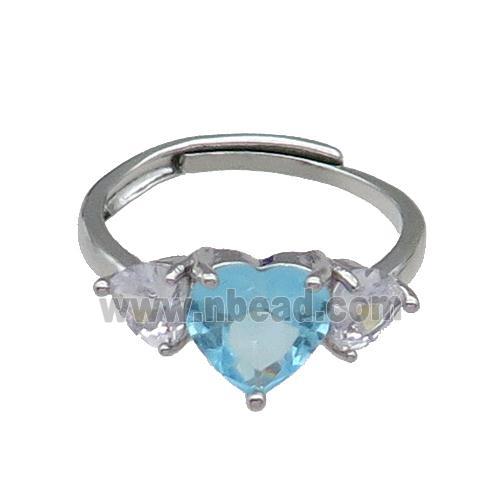 copper Heart Ring pave zircon aqua adjustable platinum plated