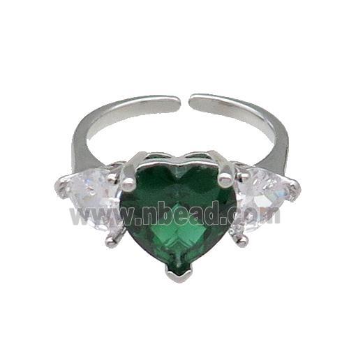 copper Heart Ring pave zircon green adjustable platinum plated
