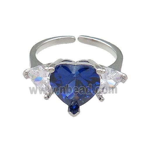 copper Heart Ring pave zircon blue adjustable platinum plated
