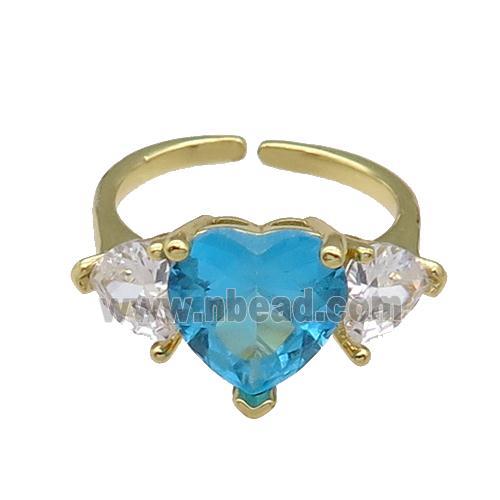 copper Heart Ring pave zircon aqua adjustable gold plated
