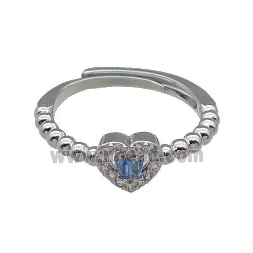 copper Heart Ring pave zircon blue adjustable platinum plated