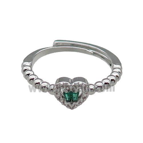 copper Heart Ring pave zircon green adjustable platinum plated