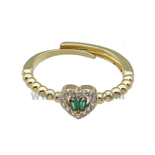 copper Heart Ring pave zircon green adjustable gold plated