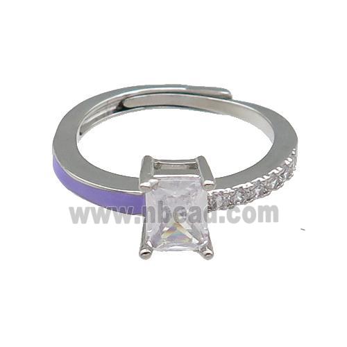 copper Ring pave zircon lavender enamel rectangle adjustable platinum plated