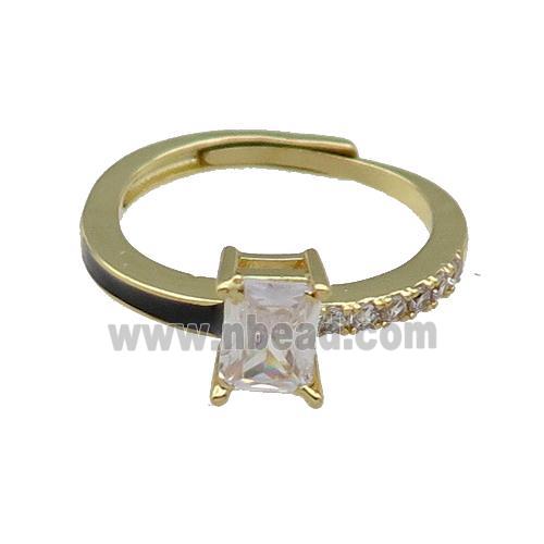 copper Ring pave zircon black enamel rectangle adjustable gold plated