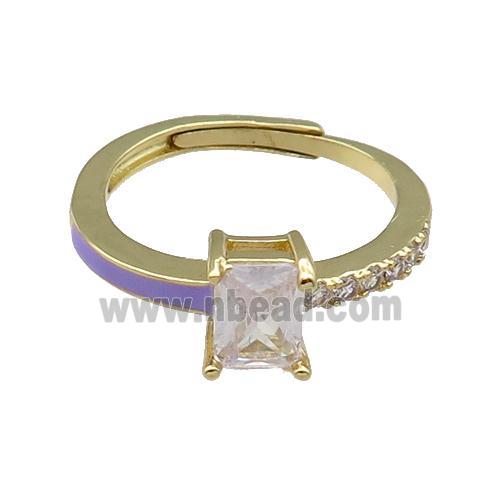copper Ring pave zircon lavender enamel rectangle adjustable gold plated