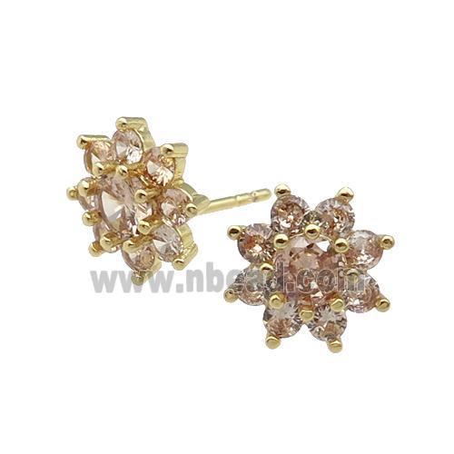 copper flower Stud Earring pave zircon champagne gold plated